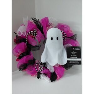 NWT Pink‎ Black White Mesh Ribbon Ghost Halloween Wreath 24" Ashland